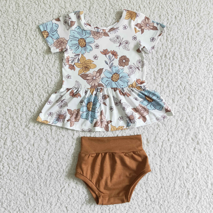 (Promotion)GBO0032 Flowers Top Brown Shorts Baby Girls Summer Bummie Set