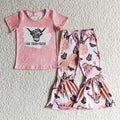 (Promotion)GSPO0082 Highland Cow Top Pink Bell Pants Girls Western Clothes Set