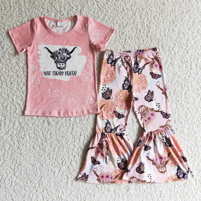 (Promotion)GSPO0082 Highland Cow Top Pink Bell Pants Girls Western Clothes Set