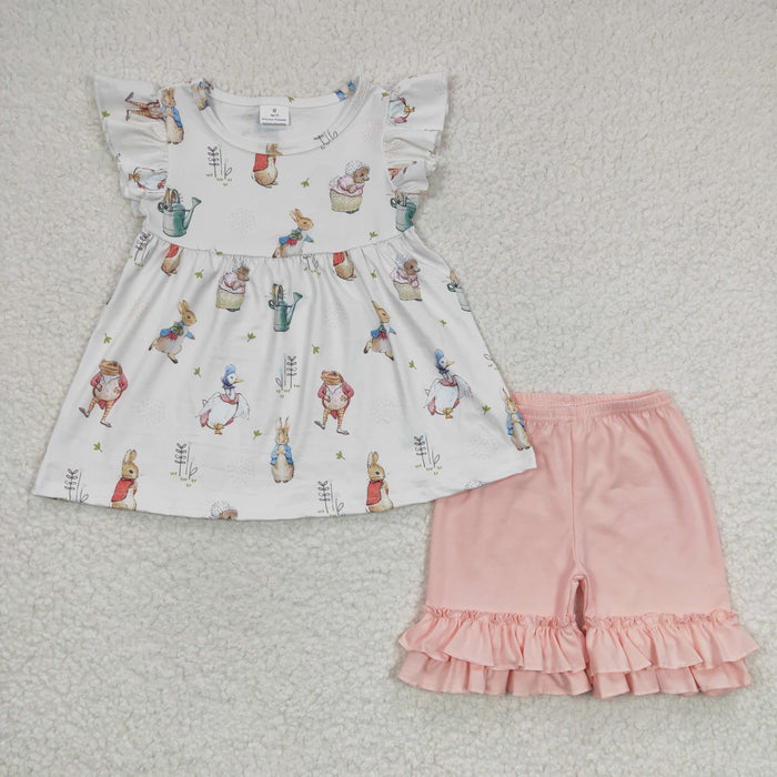 (Promotion)GSSO0154 Bunny Tunic Top Pink Shorts Girls Easter Clothes Set