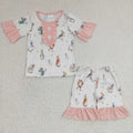(Promotion)GSSO0155 Bunny Pink Print Shorts Girls Easter Pajamas Clothes Set