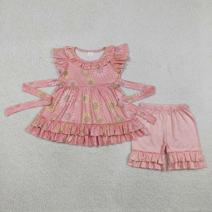 (Promotion)GSSO3741  Flowers Ruffle Tunic Top Dots Shorts Girls Summer Clothes Set