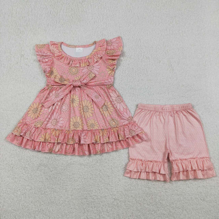 (Promotion)GSSO3741  Flowers Ruffle Tunic Top Dots Shorts Girls Summer Clothes Set