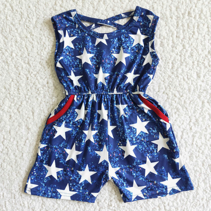 (Promotion)SR0028 Stars Print Baby Girls 4th of July Sleeveless Pockets Jumpsuits