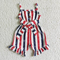 (Promotion)SR0032 Red Navy Stripes Print Baby Girls 4th of July Strap Jumpsuits