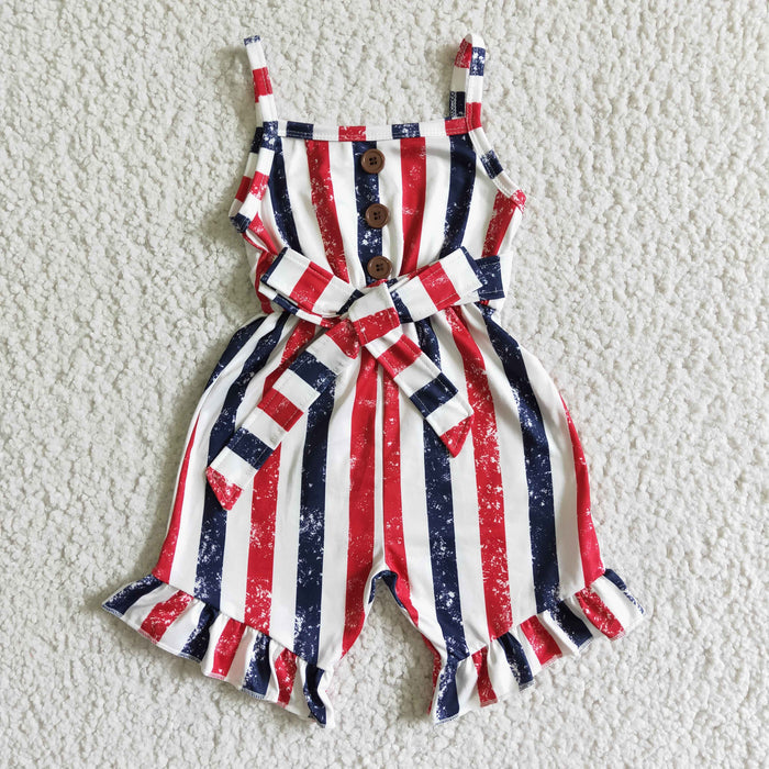 (Promotion)SR0032 Red Navy Stripes Print Baby Girls 4th of July Strap Jumpsuits