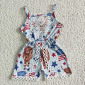 (Promotion)SR0053 Highland Cow Stars Flag Print Baby Girls 4th of July Strap Jumpsuits