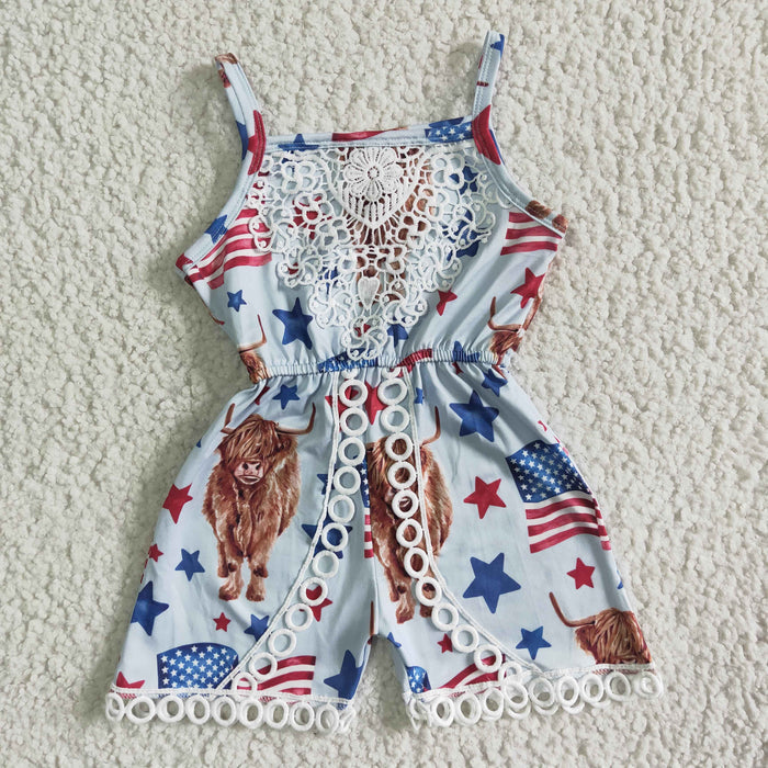 (Promotion)SR0053 Highland Cow Stars Flag Print Baby Girls 4th of July Strap Jumpsuits