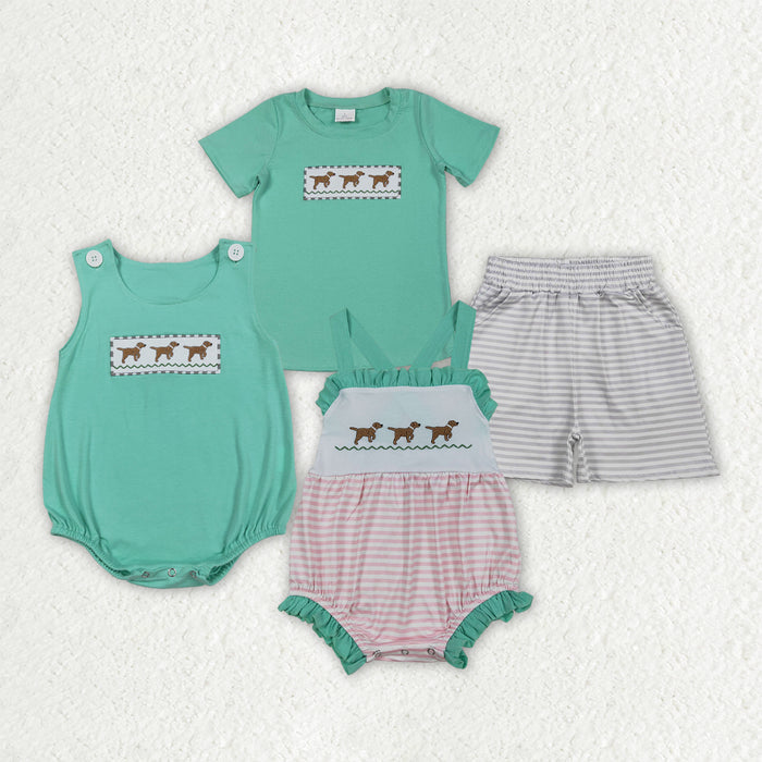 Puppy Embroidery Stripes Print Kids Summer Clothes Sibling Matching Styles