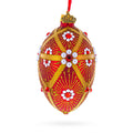 Red and Gold Floral Bejeweled Glass Egg Ornament 4 Inches