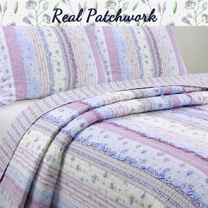 Romantic Chic Lace Ruffle Lavender Purple Real Patchwork Cotton Reversible Quilt Bedding Set