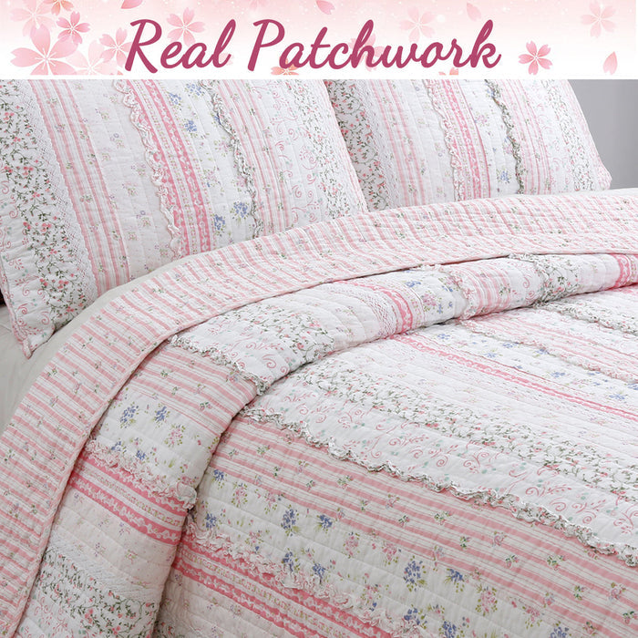 Romantic Chic Lace Ruffle Pink Real Patchwork Cotton Reversible Quilt Bedding Set
