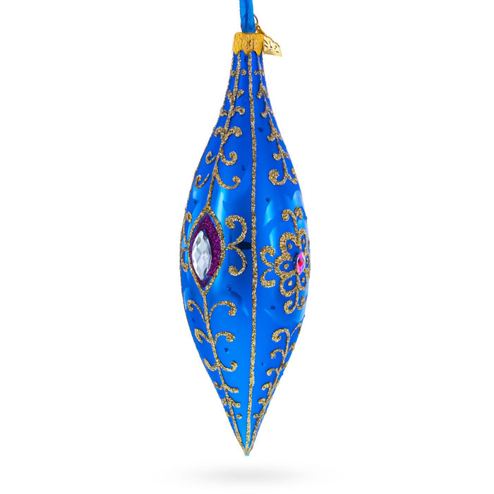 Royal Blue Jewel Scroll Elongated Pointed Teardrop Finial Glass Christmas Ornament