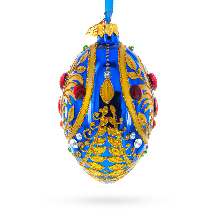 Royal Blue Regal Heart and Gemstones Embellished Glass Egg Ornament 4 Inches