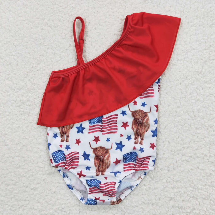 S0101 Highland Cow Flag Ruffle Girls 4th of July Swimsuits