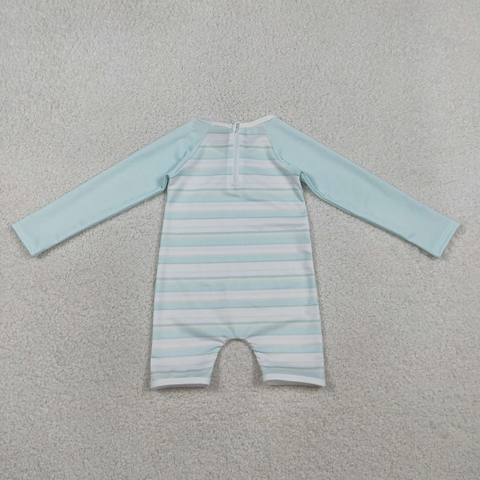 S0650 Boys' Blue Striped Long Sleeve Zipper One-Piece Swimsuit