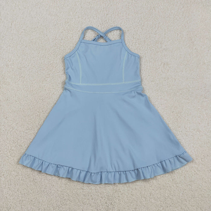 S0713  Blue Girls Summer Strap Shorts Ruffle Knee Length Yoga Dress