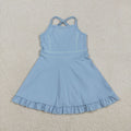 S0713  Blue Girls Summer Strap Shorts Ruffle Knee Length Yoga Dress