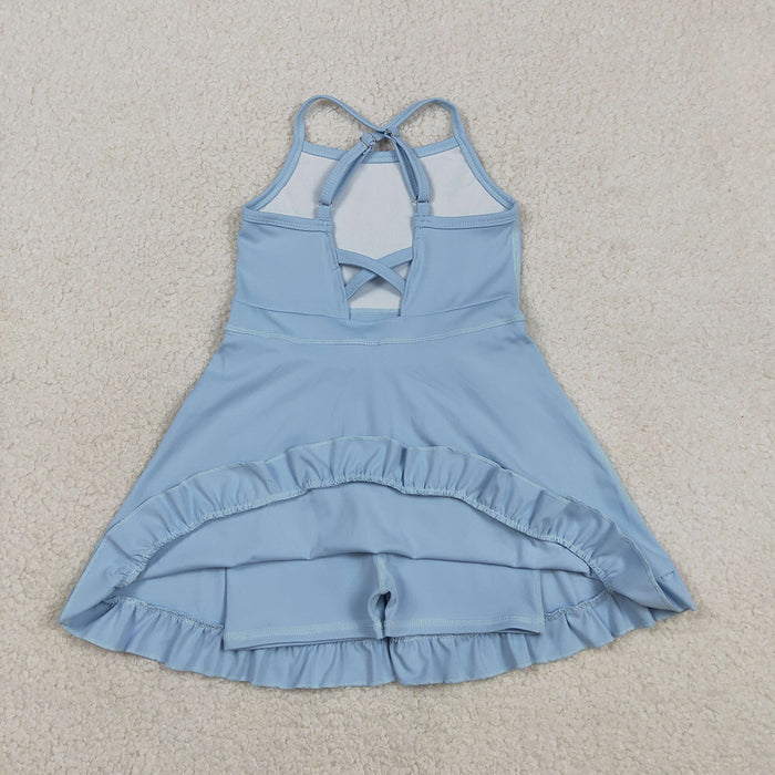 S0713  Blue Girls Summer Strap Shorts Ruffle Knee Length Yoga Dress
