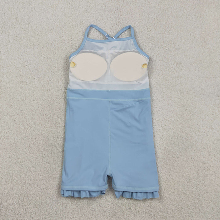 S0713  Blue Girls Summer Strap Shorts Ruffle Knee Length Yoga Dress