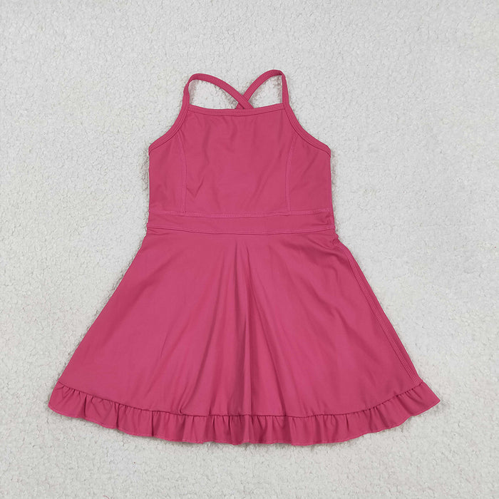 S0727  Hot Pink Girls Summer Strap Shorts Ruffle Knee Length Yoga Dress