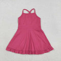 S0727  Hot Pink Girls Summer Strap Shorts Ruffle Knee Length Yoga Dress