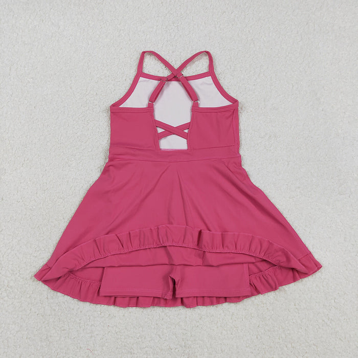 S0727  Hot Pink Girls Summer Strap Shorts Ruffle Knee Length Yoga Dress