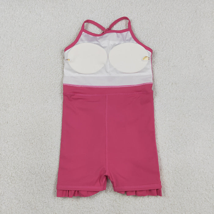 S0727  Hot Pink Girls Summer Strap Shorts Ruffle Knee Length Yoga Dress