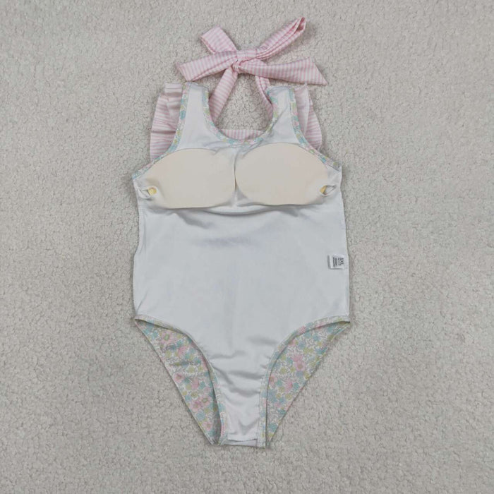 S0732 Baby Girls Pink Small Flowers 1 Piece Ruffle Swimsuits
