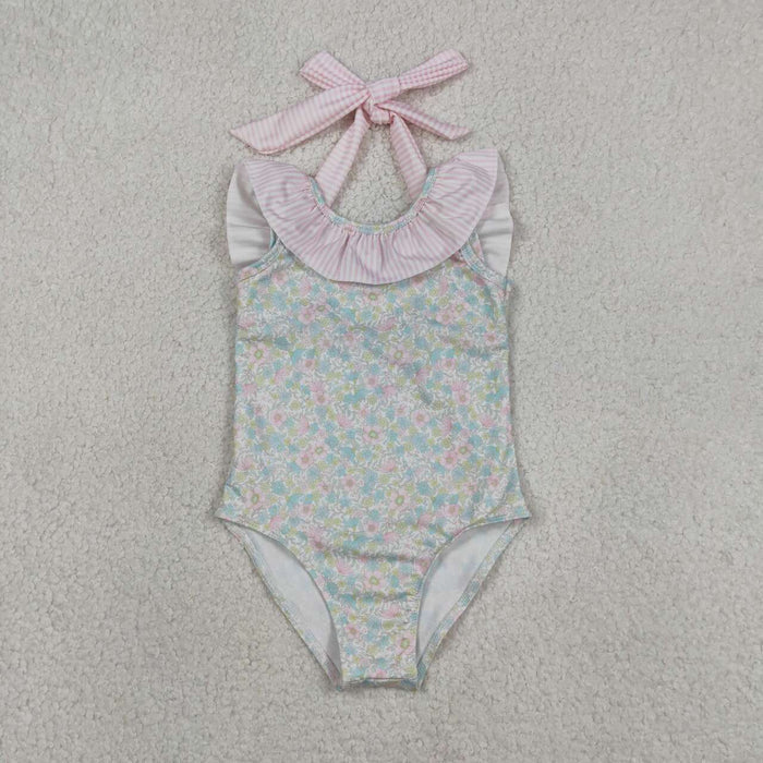 S0732 Baby Girls Pink Small Flowers 1 Piece Ruffle Swimsuits