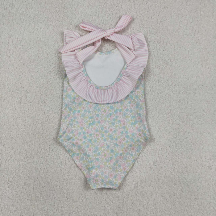 S0732 Baby Girls Pink Small Flowers 1 Piece Ruffle Swimsuits