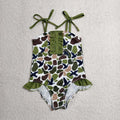S0744 Duck Green Camo Print Ruffle Girls 1 Piece Strap Swimsuits