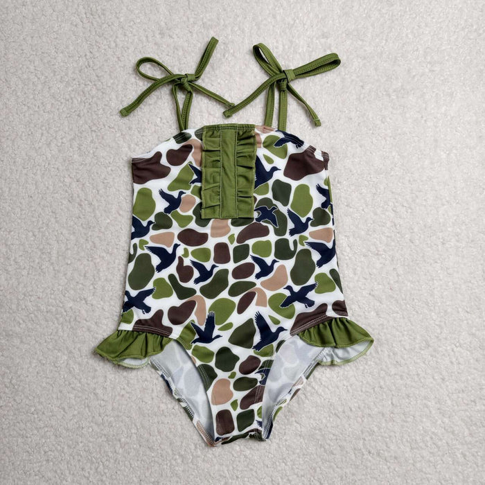 S0744 Duck Green Camo Print Ruffle Girls 1 Piece Strap Swimsuits