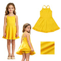 S0781 Yellow Girls Summer Strap Shorts Ruffle Knee Length Yoga Dress