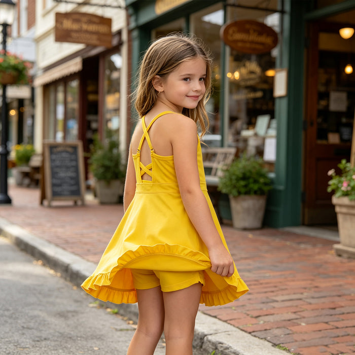 S0781 Yellow Girls Summer Strap Shorts Ruffle Knee Length Yoga Dress