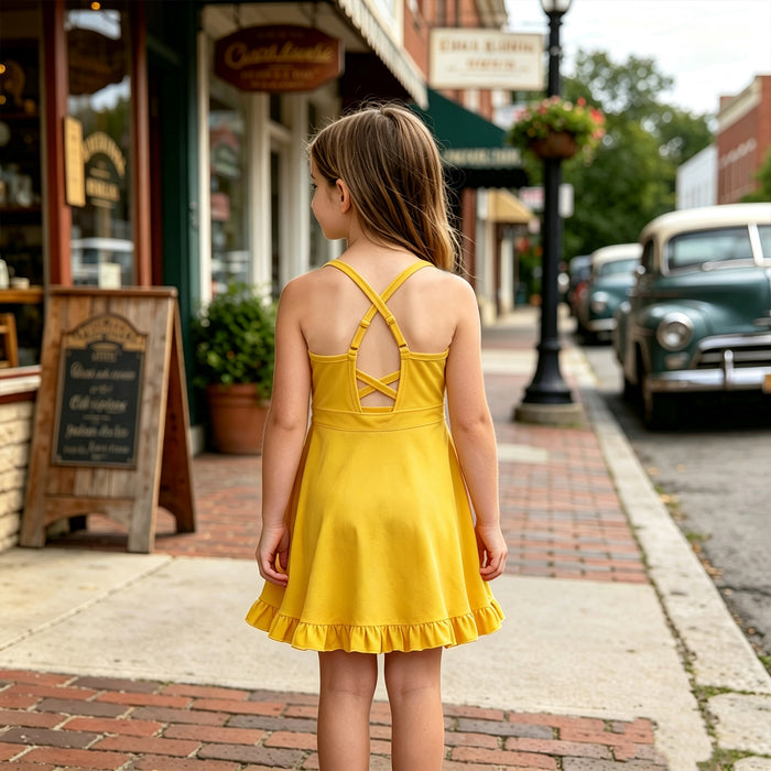 S0781 Yellow Girls Summer Strap Shorts Ruffle Knee Length Yoga Dress