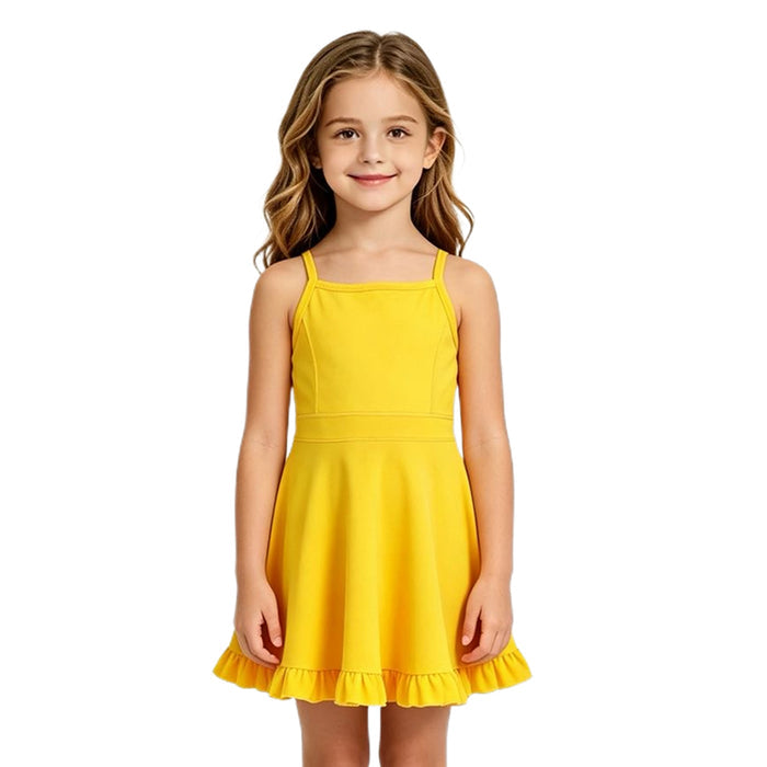 S0781 Yellow Girls Summer Strap Shorts Ruffle Knee Length Yoga Dress