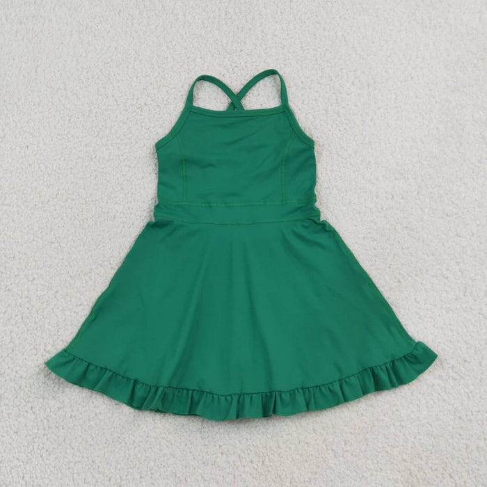 S0782 Green Girls Summer Strap Shorts Ruffle Knee Length Yoga Dress