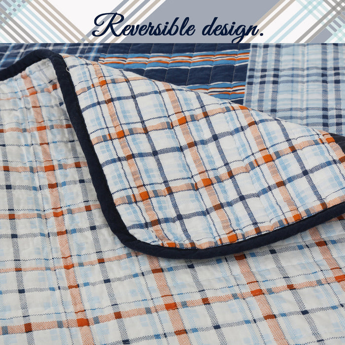 Salina Navy Stripped Plaid Print Patchwork Cotton Reversible Quilt Bedding Set