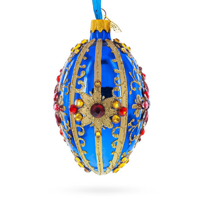 Sapphire with Red Floral Gemstone Embellishments Glass Egg Ornament 4 Inches