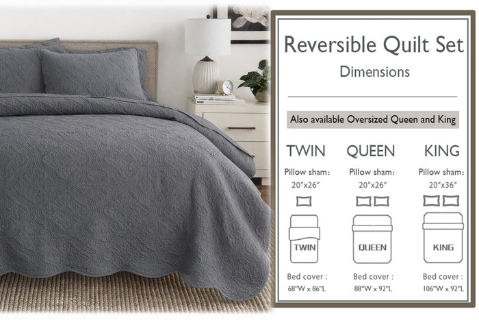 Serenity - Victorian Scalloped Medallion - Cotton Reversible 3 Piece Quilt Bedding Set