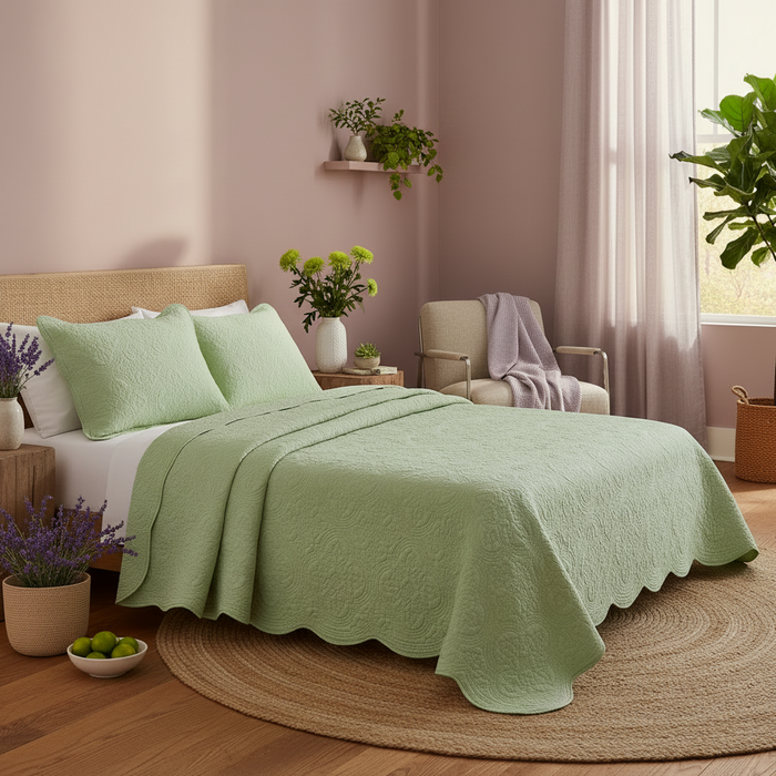 Serenity Green Scalloped Floral Cotton Quilt Set – Secret Garden Collection