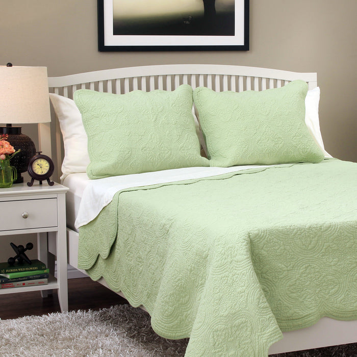 Serenity Green Scalloped Floral Cotton Quilt Set – Secret Garden Collection