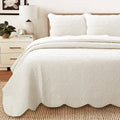 Serenity Ivory Victorian Scalloped Medallion Floral Pure Solid Cotton Reversible Quilt  Bedding Set
