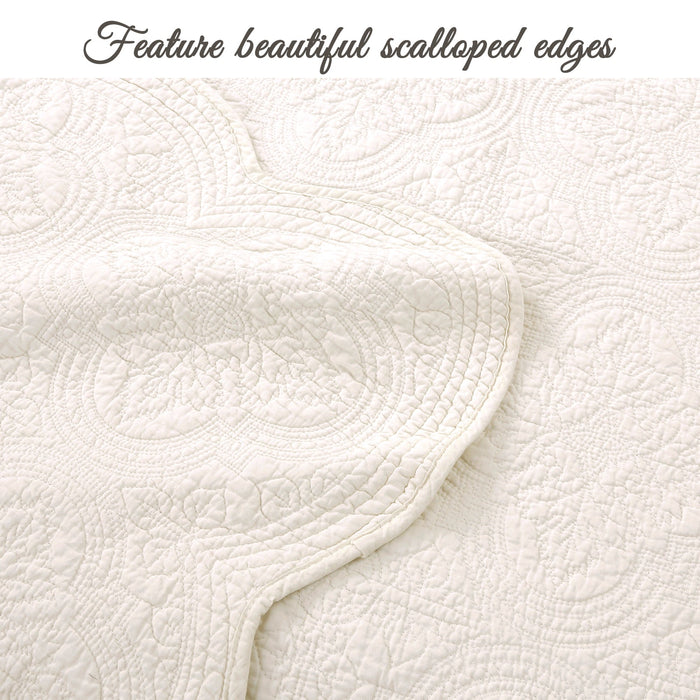 Serenity Ivory Victorian Scalloped Medallion Floral Pure Solid Cotton Reversible Quilt  Bedding Set