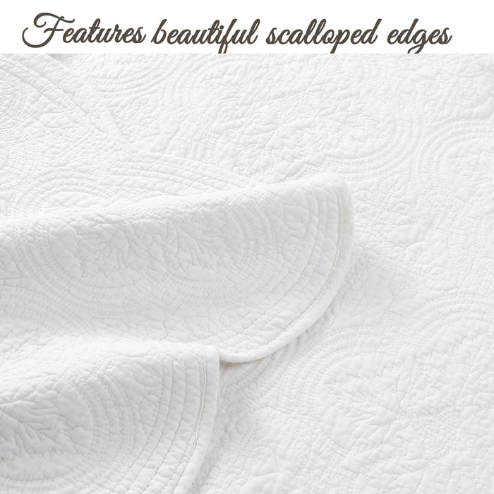 Serenity White Victorian Scalloped Medallion Floral Pure Solid Cotton Reversible Quilt Bedding Set