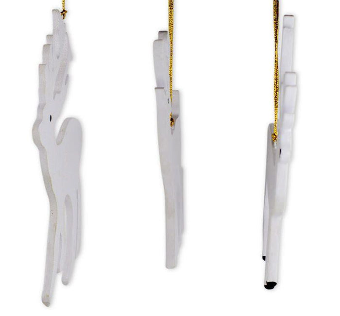 Set of 3 White Deer Wooden Christmas Ornaments 7 Inches