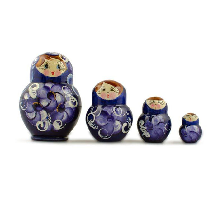 Set of 4 Wooden Floral Nesting Dolls - 3" Blue & Purple Flower Matryoshka
