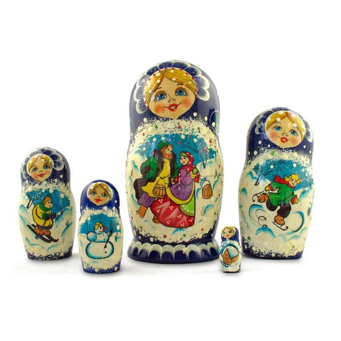 Set of 5 Family Christmas Celebration Wooden Nesting Dolls 6.5 Inches