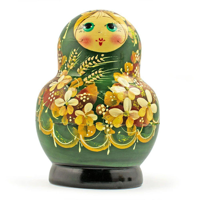 Set of 5 Golden Flowers on Red Dress Nesting Dolls  5 Inches